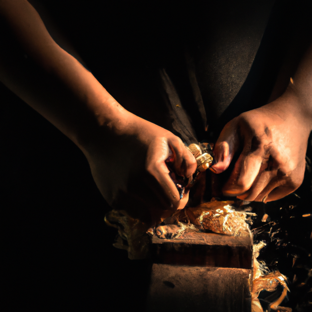 Close-up of hands crafting a wood joint with chisel and shavings in warm cinematic light