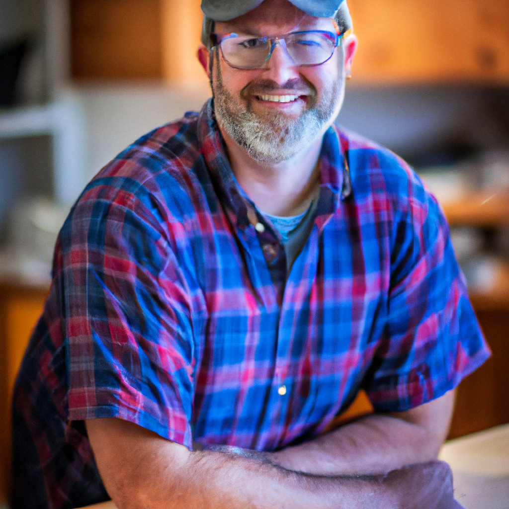 Friendly woodworking instructor portrait in a woodshop with soft light